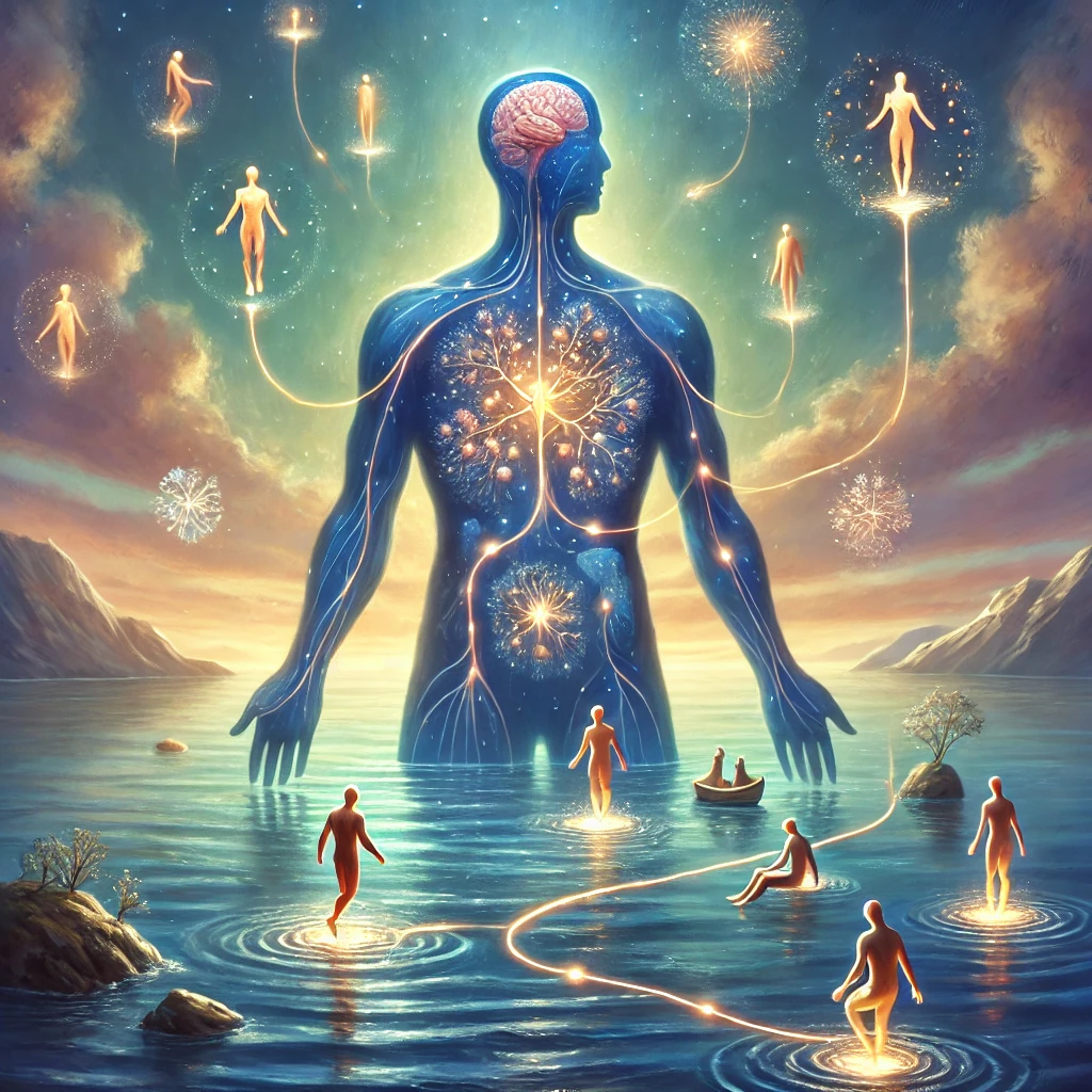 DALL·E 2024-10-19 20.46.28 – A surreal and emotional concept for ‘L’Archipel de l’Inconscient,’ featuring a full human body with arms, legs, chest, and head emerging