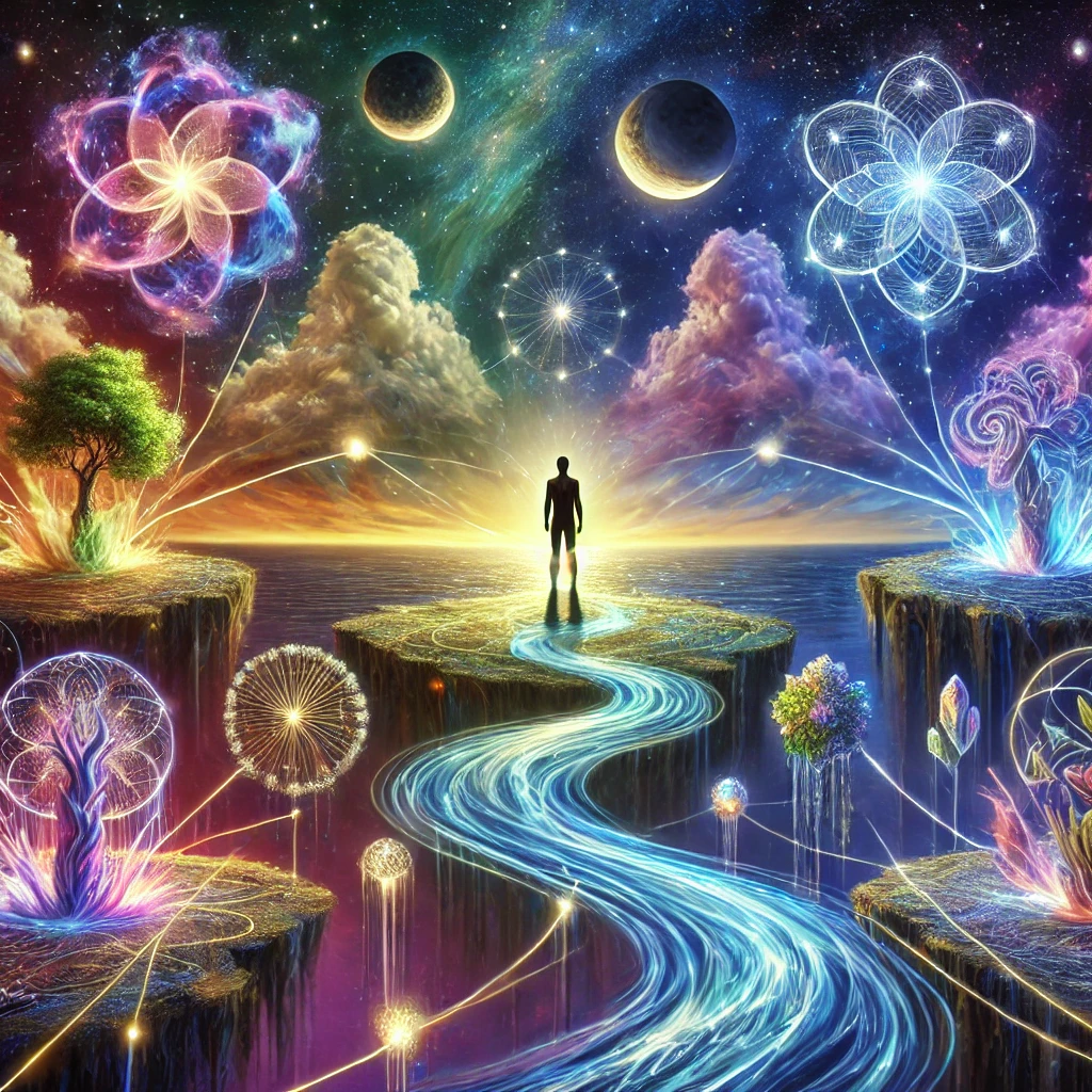 DALL·E 2024-10-19 21.14.43 – A highly symbolic image of a human figure standing in the middle of an abstract archipelago. Each island is connected by glowing bridges